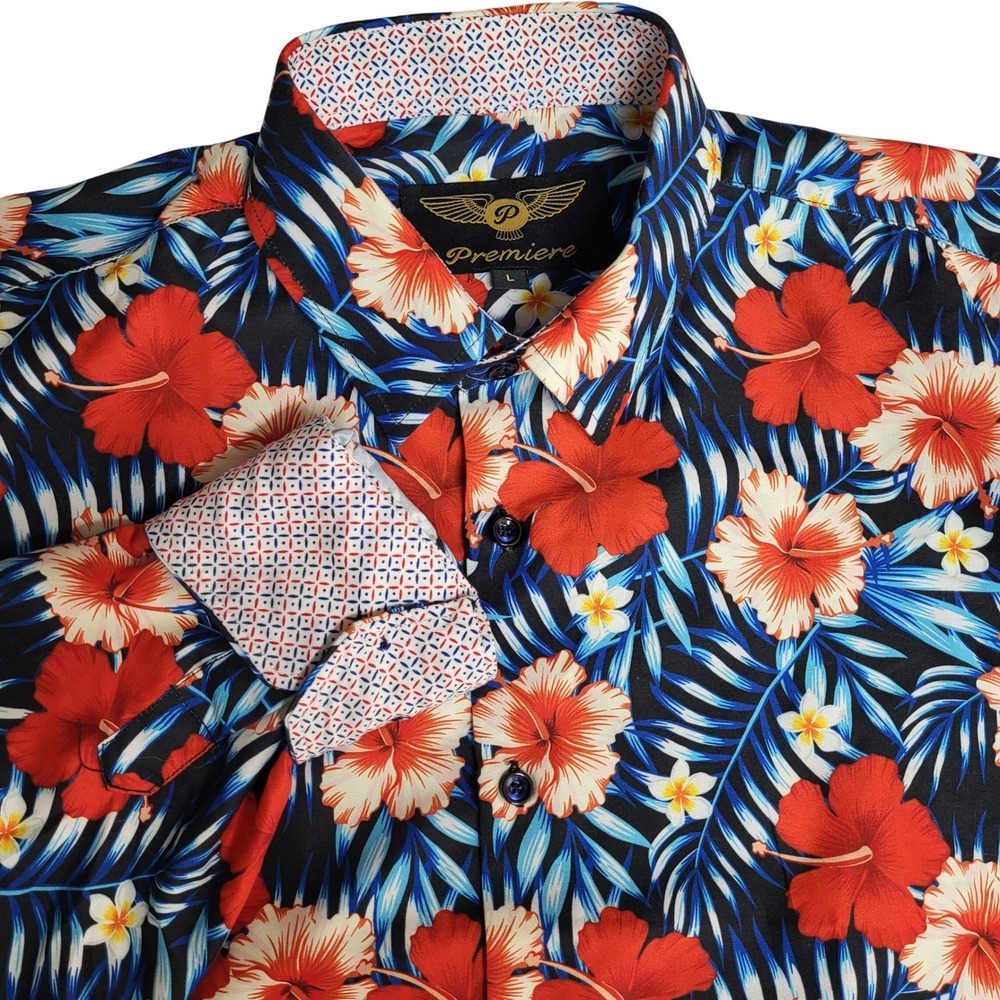 Premiere Mens Large Long Sleeve Tropical Hibiscus Floral Button Down Shirt